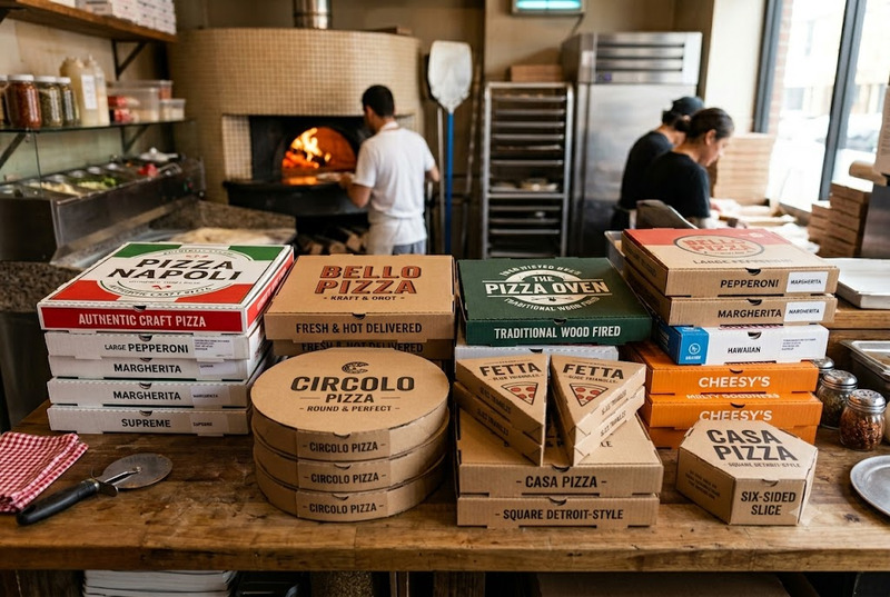 in hộp giấy đựng pizza